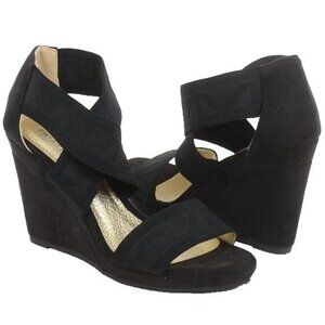Patricia Pratt Black Suede Wedge Thick Band Wedge Sandals Women's Size 8.5